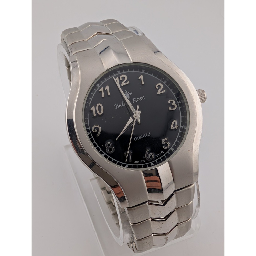 Bella & Rose Men's Watch 37mm Case Black Dial Silver 7.5" Band- New Battery